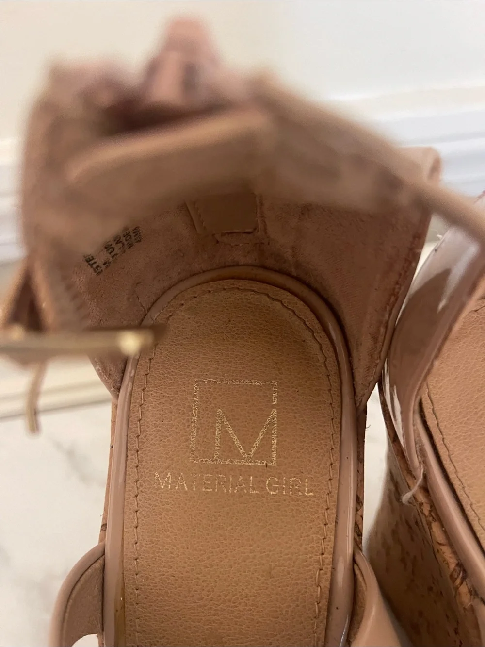 Material Girl Nude Patent Cork Wedge Sandals